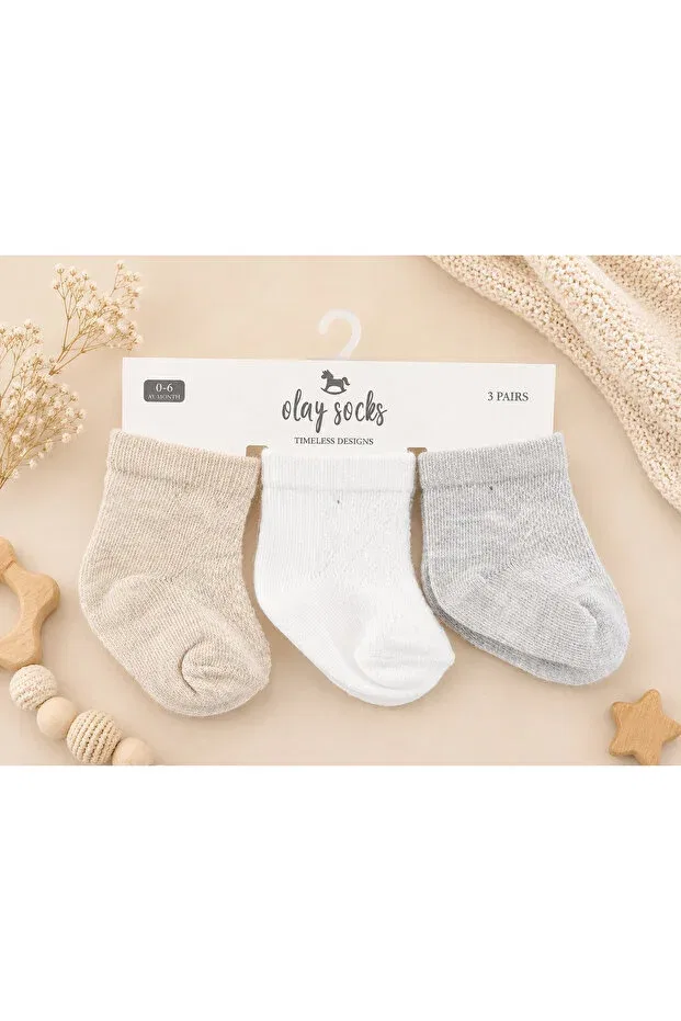Детские носки для новорожденных хлопковые набор 3 шт Basics Olay, Gray - Beige - White