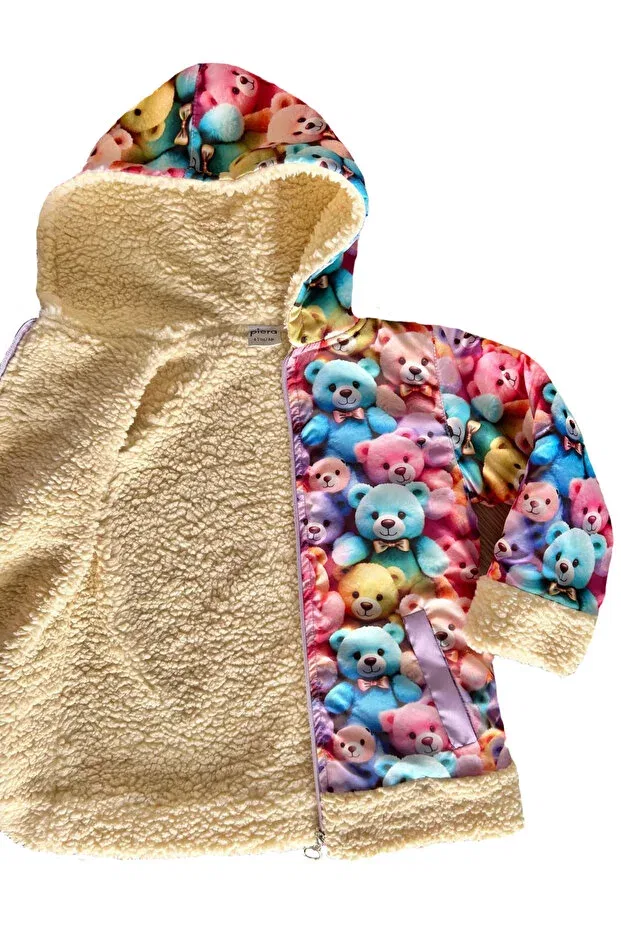 Детское пальто для девочек с принтом Waterproof Surface Teddy Plush Kids Coat By Piera, Teddy Bear — фото 3
