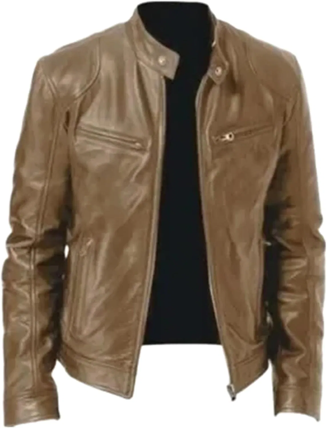Мужская куртка из кожзама с воротником-стойкой, модель Casual Motorcycle, Khakis