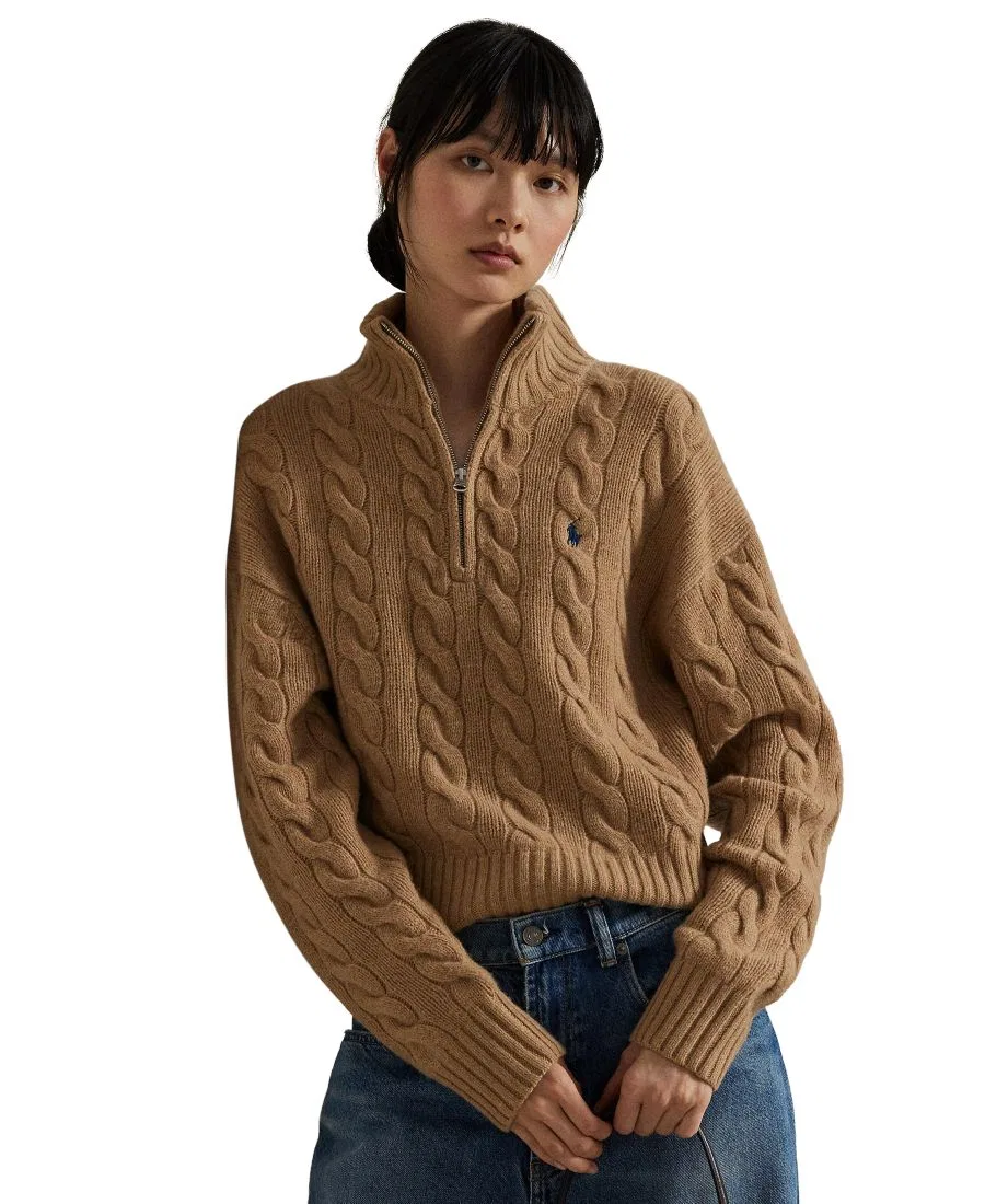 Свитер из кабельной вязки с полузастежкой-молнией Polo Ralph Lauren, Collection Camel Melange