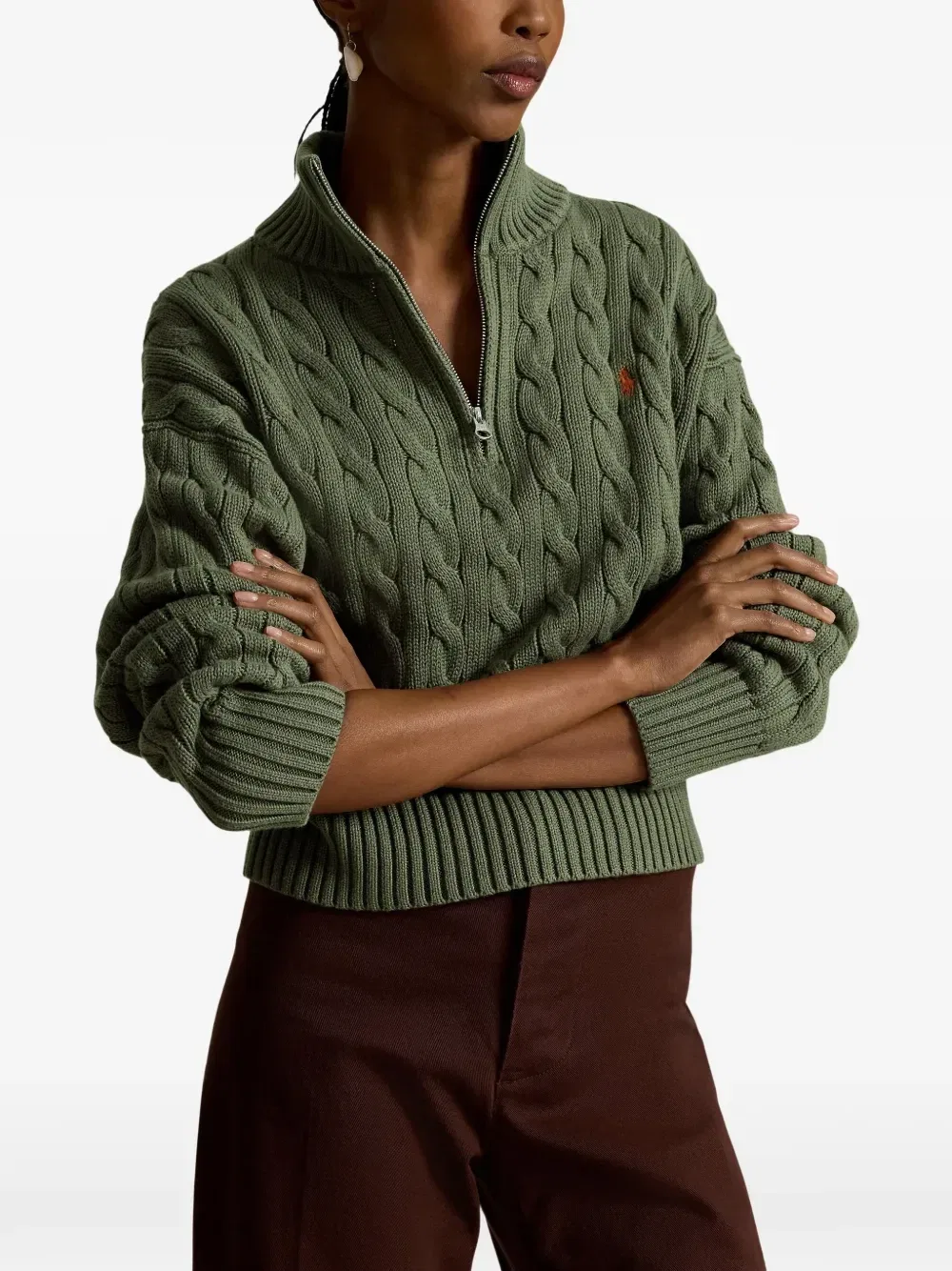 Свитер с фактурной вязкой с коркой молнией Polo Ralph Lauren, зеленый — фото 3