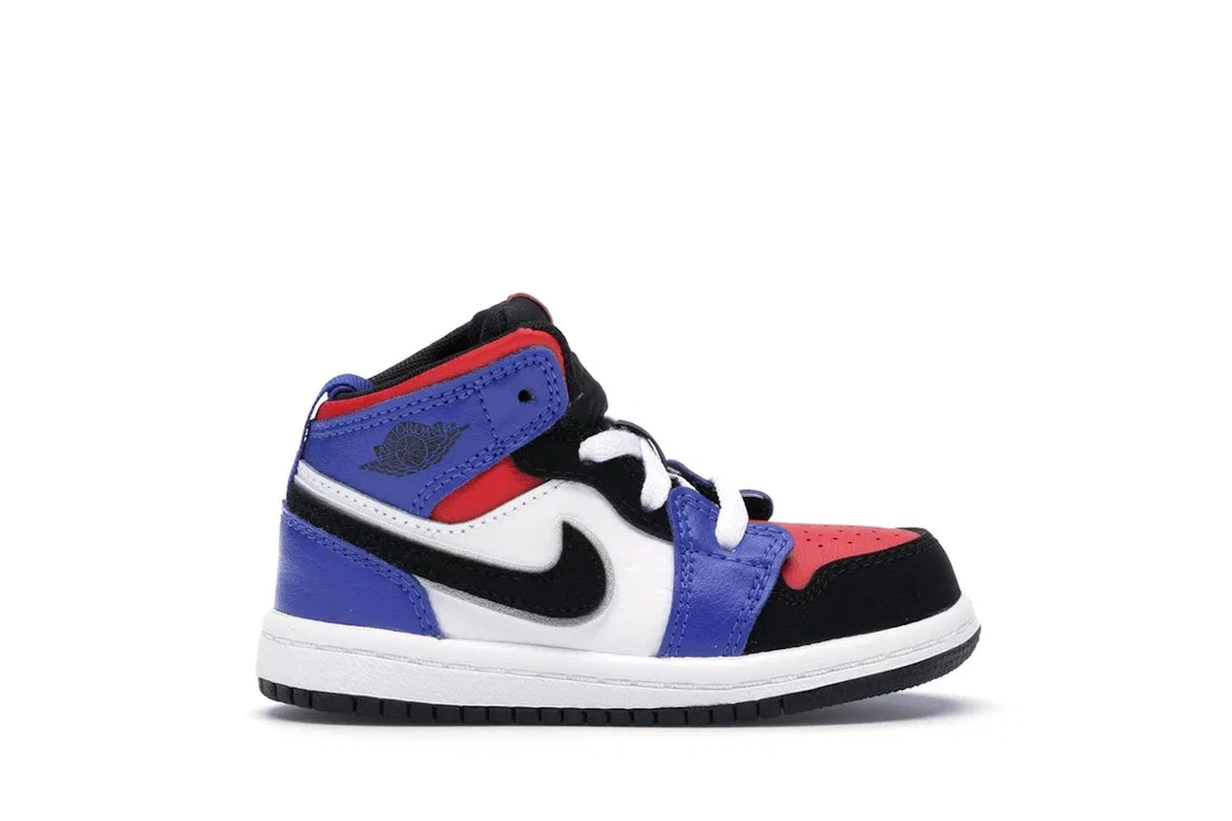 Детские кроссовки с кожаным верхом Jordan 1 Mid Jordan, White/Black-Hyper Royal-University Red-Metallic Silver