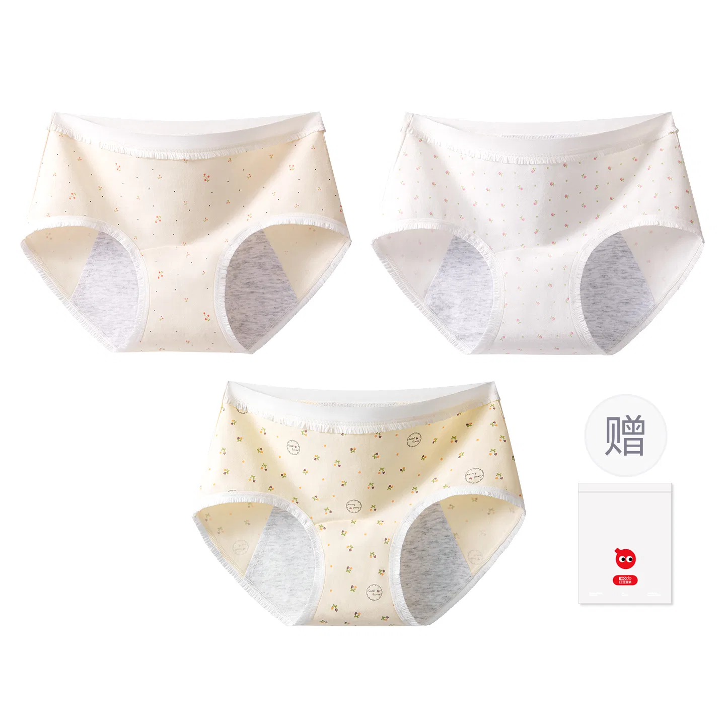 Детские трусы для девочек хлопковые с принтом Red bean, Apple Light Grey + Cherry Light Apricot + Floral Pure White — фото 3