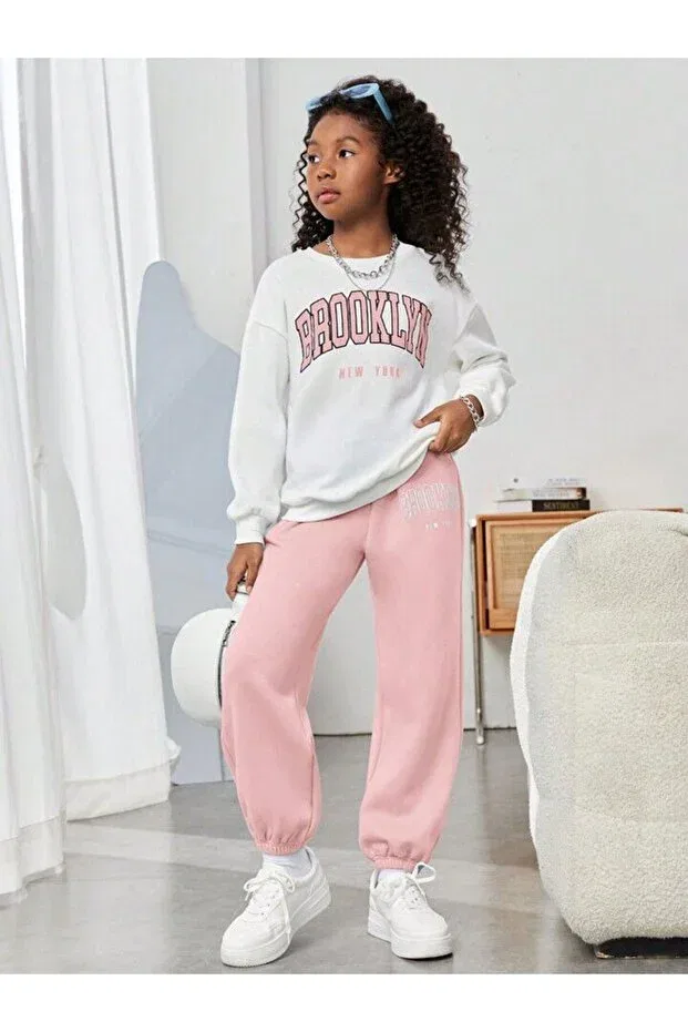 Детский спортивный комплект для девочек с принтом Los Angeles Printed Sweatshirt Tracksuit Set Novibe, Pinkwhite