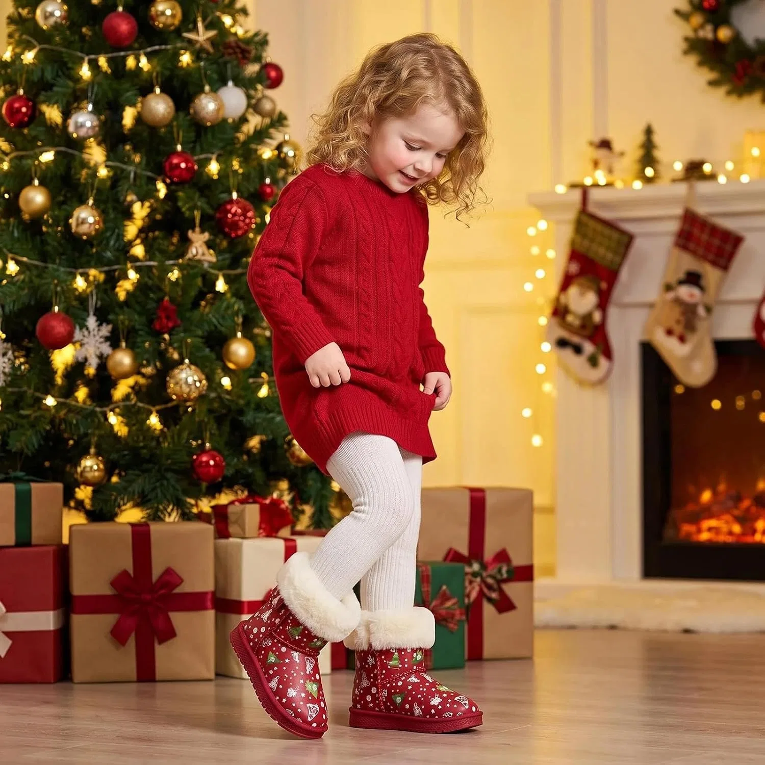 Детские зимние сапоги для девочек с принтом единорога TBIOUSER, Christmas Red — фото 2