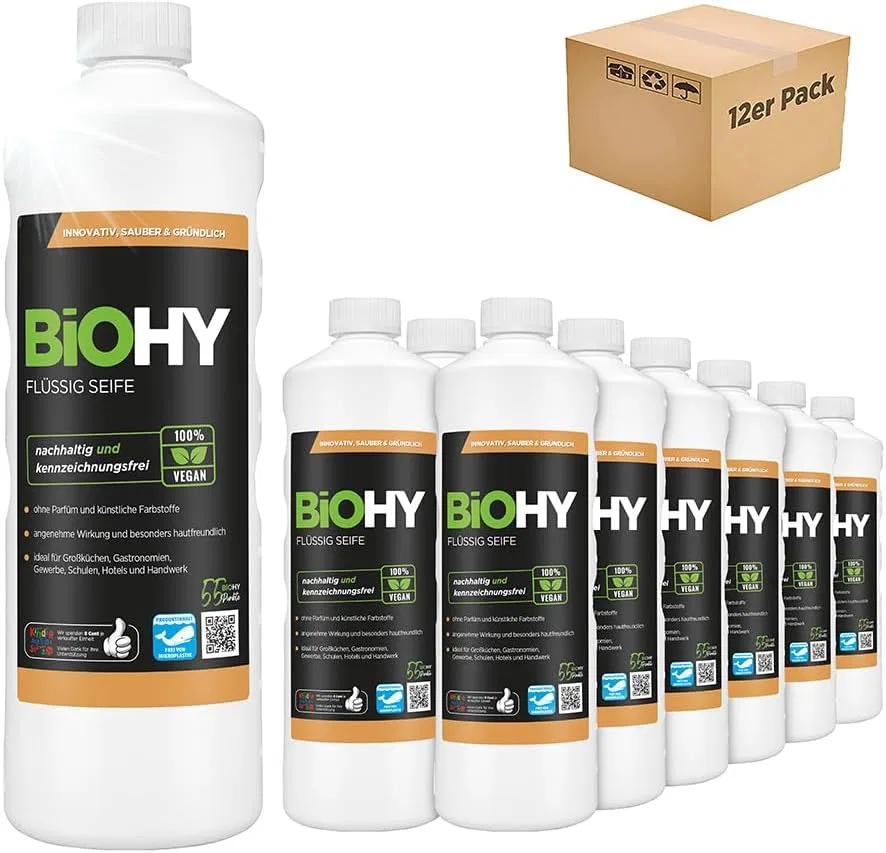 Жидкое мыло BIOHY, 12 x 1 л, увлажняющее, без отдушек