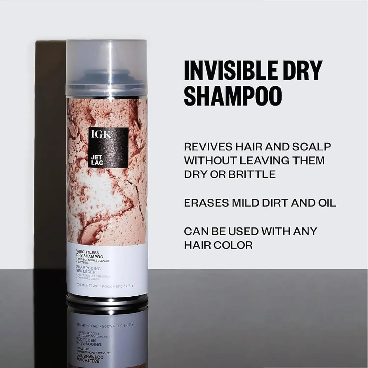 IGK Jet Lag Invisible Dry Shampoo, набор из 2 штук: полноразмерный и дорожный, невесомая формула с вулканическим пеплом для очищения — фото 3