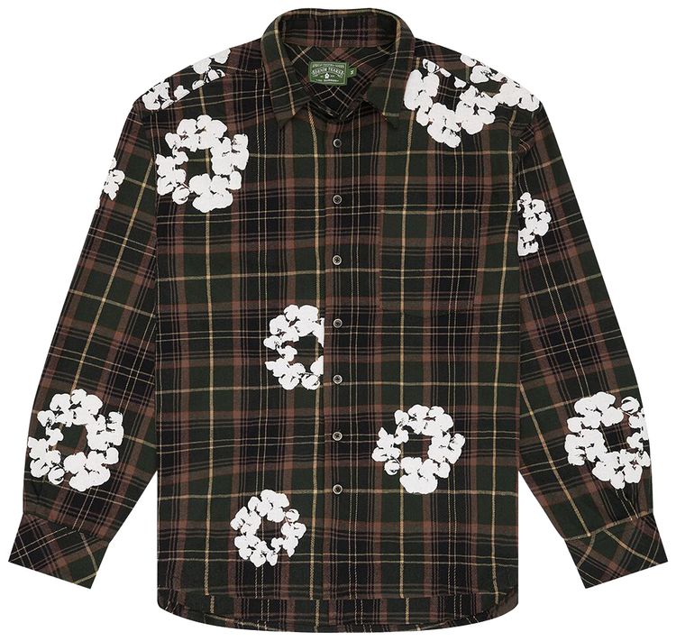 

Denim Tears Джинсовая рубашка с принтом "Слезы" из хлопка, венок, фланелевая рубашка в клетку, зеленая