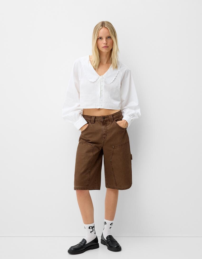 

Шорты-Бермуды из хлопка-плотника Bershka, коричневый