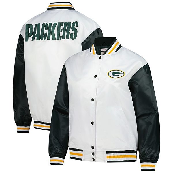 

Женская белая куртка satin на молнии plus size green bay packers Mitchell & Ness
