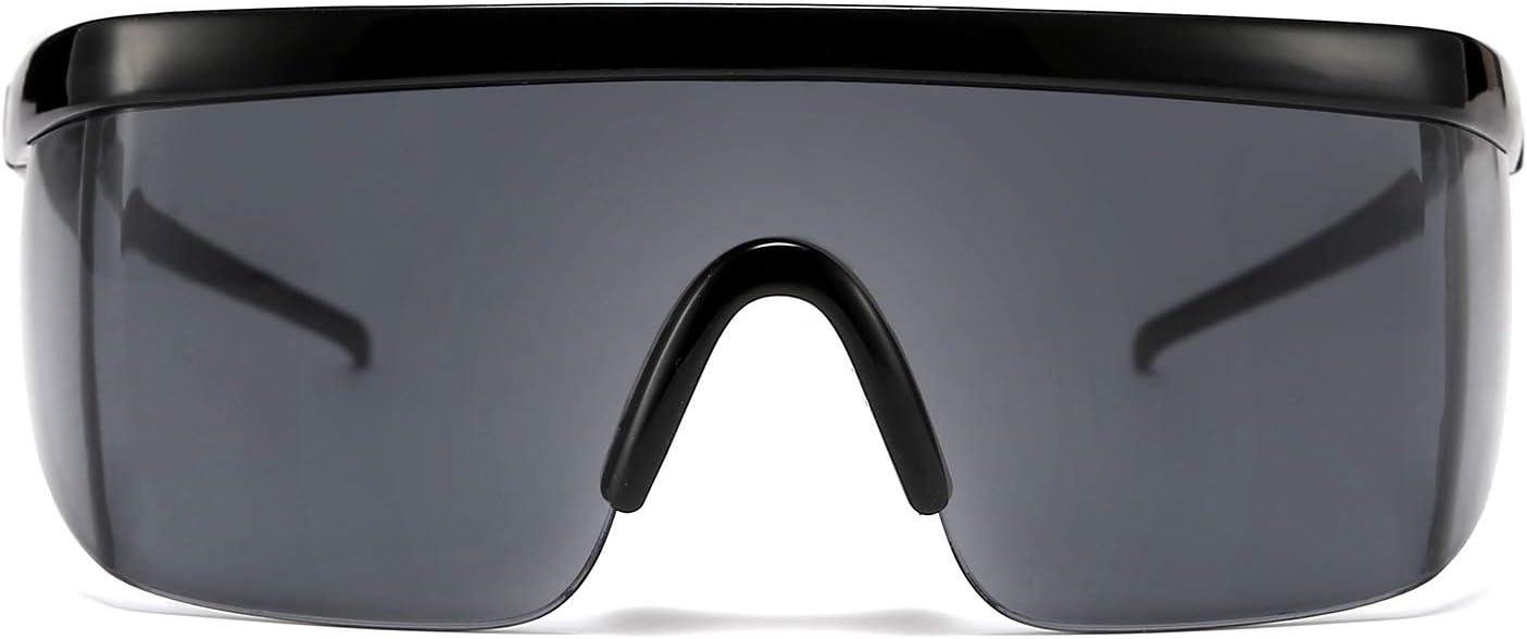 

FEISEDY Большие зеркальные спортивные солнцезащитные очки в стиле 80-х, горнолыжные очки с плоским верхом, цельные, футуристический козырек, для женщин и мужчин, B2522, 004 Bright Black Frame Gray Lens