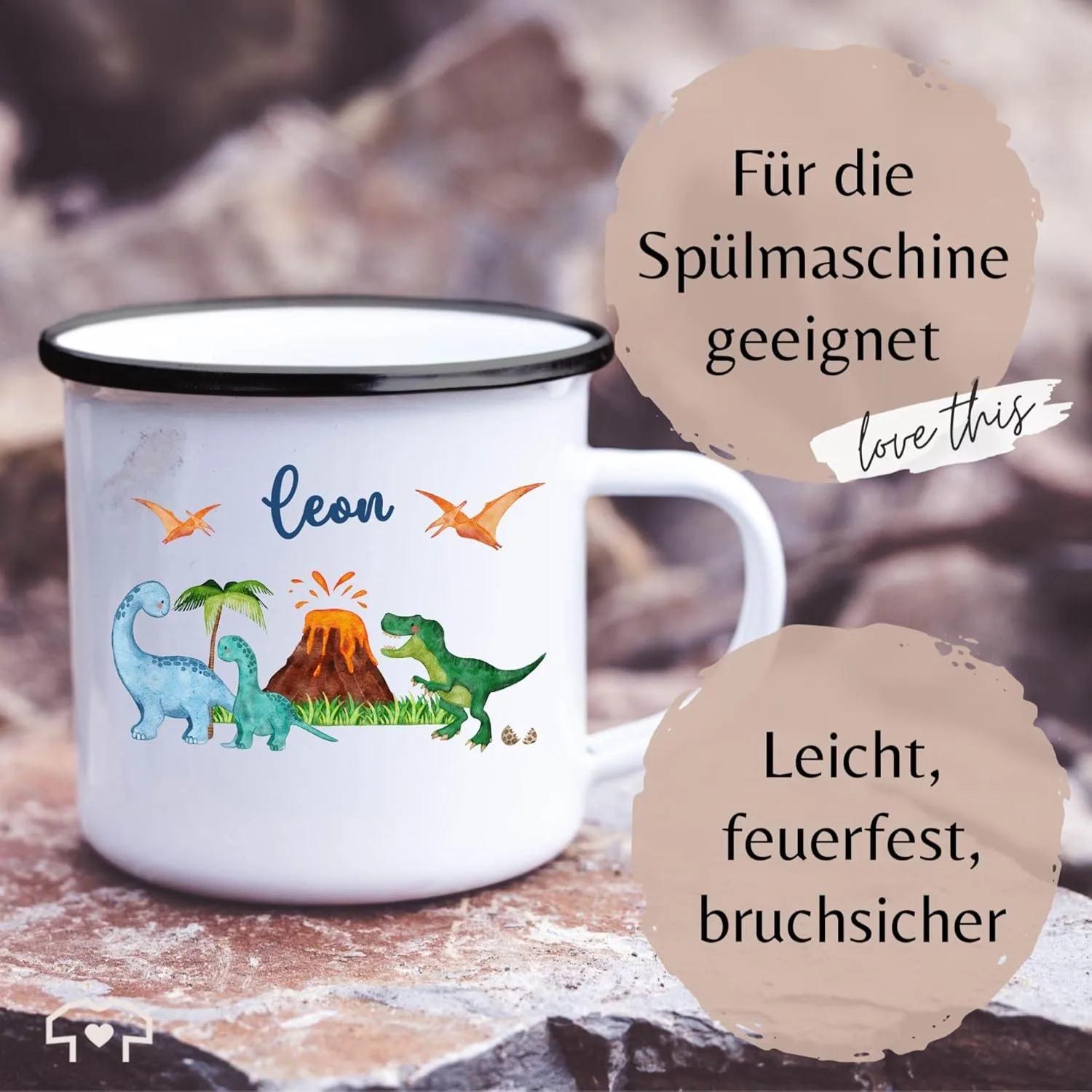 Эмалированная кружка Dinosaur Dino Dinos, 300 мл, бело-черная Geschenk mit Namen personalisiert by Shirtracer — фото 4