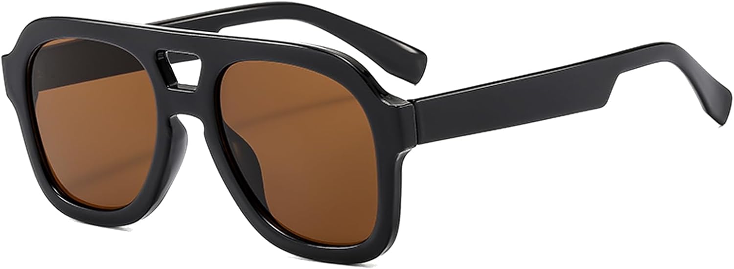 

Солнцезащитные очки Long Keeper Retro Pilot с двойной перемычкой, квадратная оправа, толстая рамка, винтажный стиль 70-х, защита от ультрафиолета UV400, Black Frame / Brown Lens