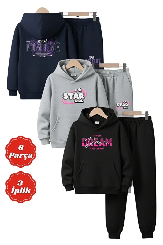 Детский спортивный комплект для девочек с принтом 3 iplik ş fleece-lined winter kangaroo pocket print detailed k hooded 6-piece girls' tracksuit set Panios Kids, Navy Blue-Grey-Black