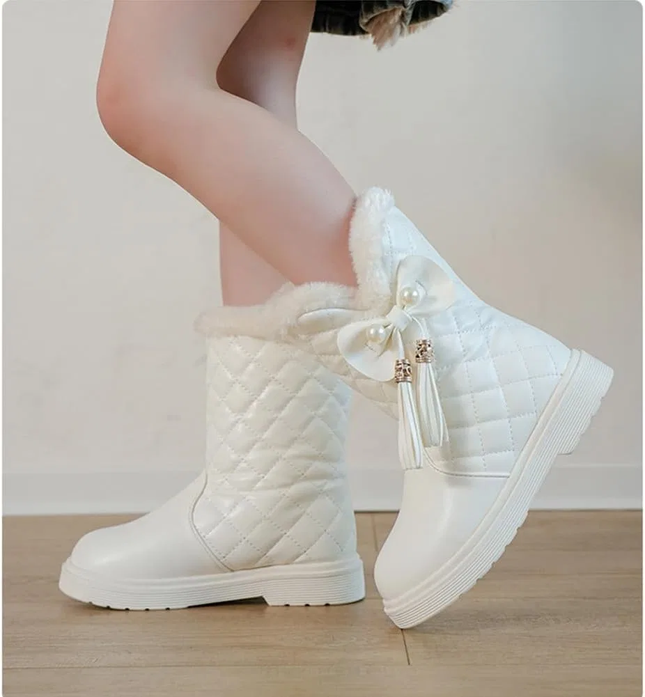 Детские зимние сапоги для девочек с мехом и бантом Auhoho, Beige — фото 3