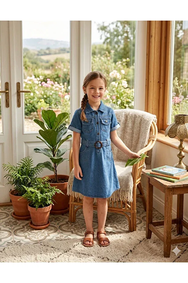 Детское джинсовое платье для девочек с поясом Aymini Kids, Blue
