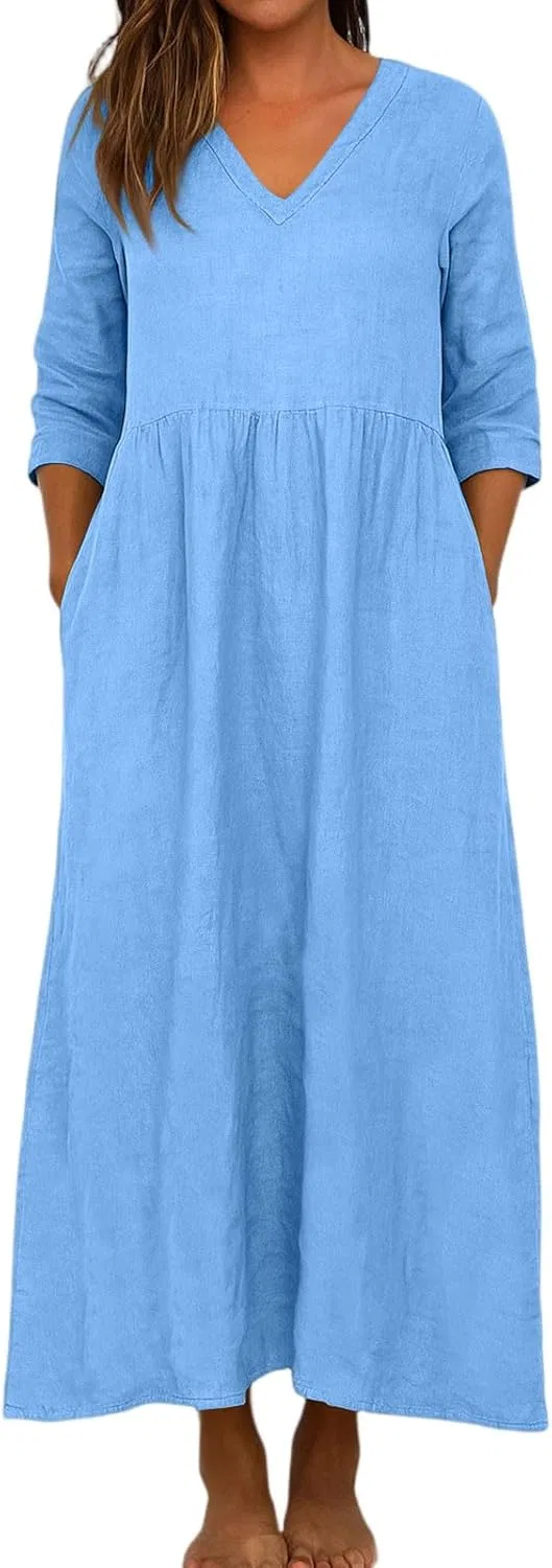 Женское платье миди свободного кроя из льна и хлопка, Blue