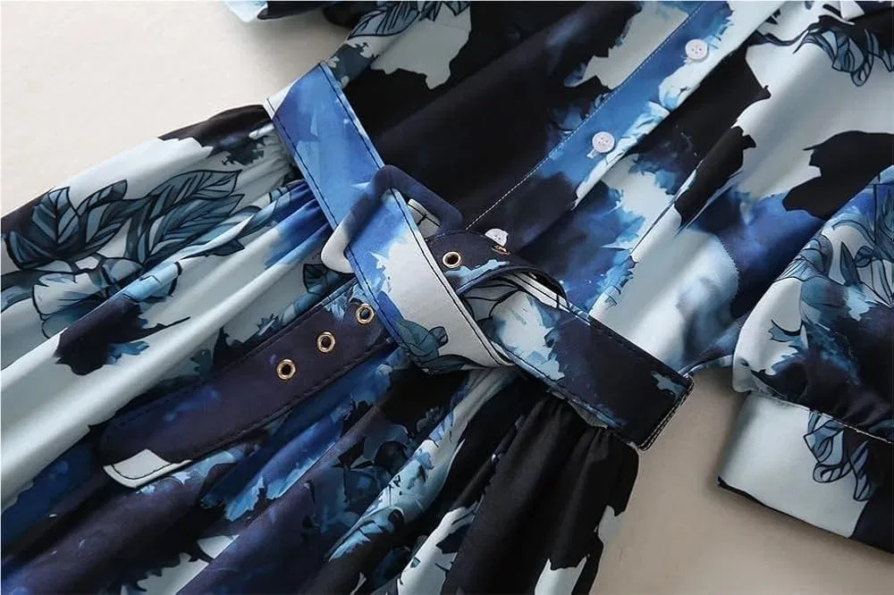 Женское платье с принтом Puff Sleeve Print Lapel Vintage Midi Casual Lace Up Slim Fit Vestido Summer Vacation Dress, синий — фото 2