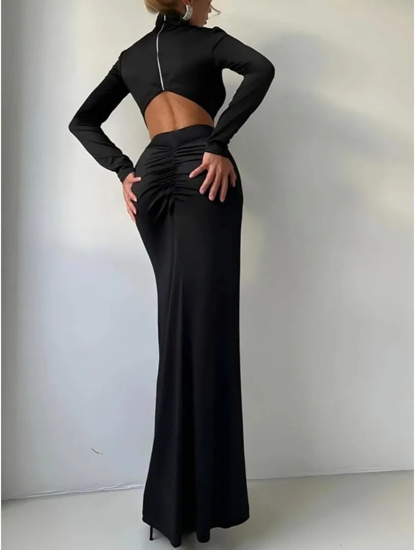 Женское платье макси с высоким воротом и открытой спиной, Black — фото 4