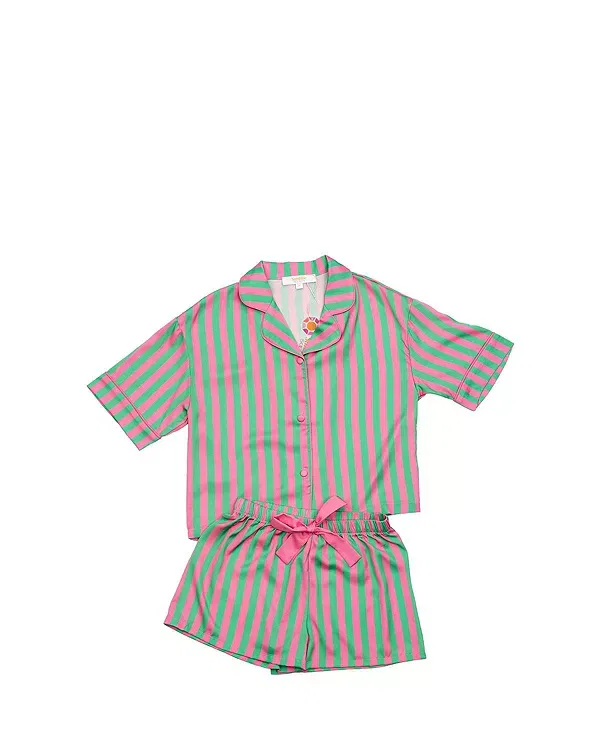 Детский комплект для девочек с принтом Watermelon Silky Short Sleeve Shorts Set Sunshine Society, Green/Pink Stripe