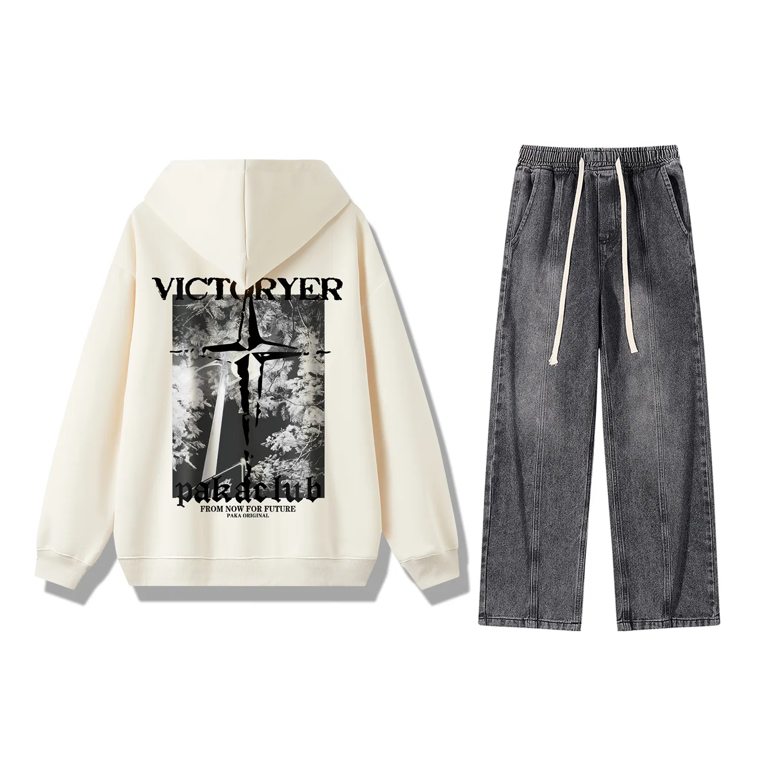 Детский комплект из худи и брюк с капюшоном PAKA, Cream Top+Smoke Gray Pants