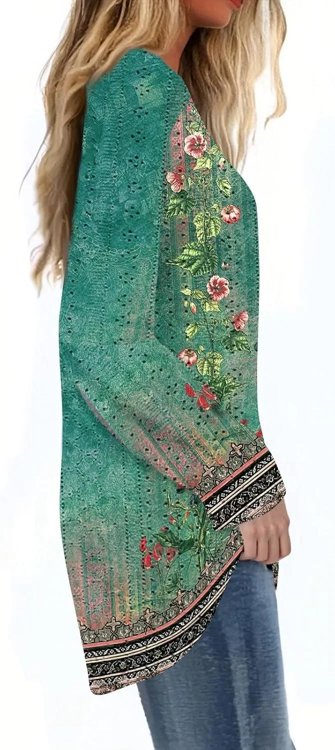Женская туника свободного кроя с цветочным принтом, Dark Green — фото 4