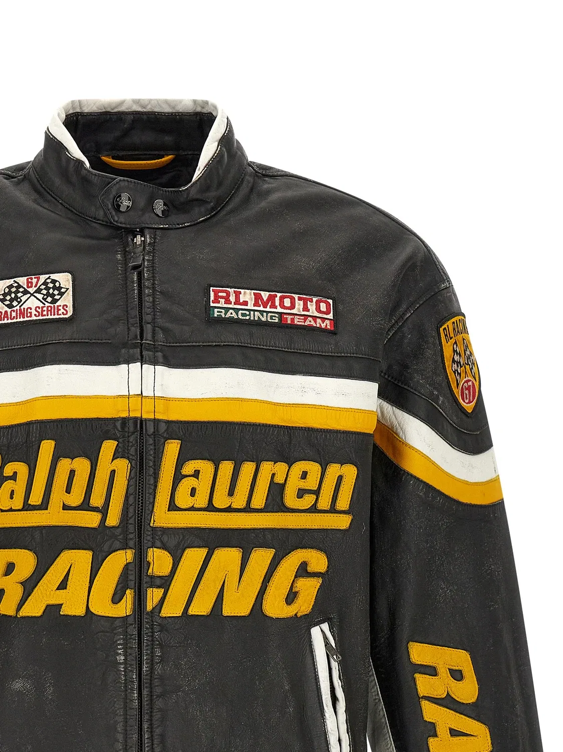 Кожаная байкерская куртка с нашивкой Polo Ralph Lauren, черный — фото 3