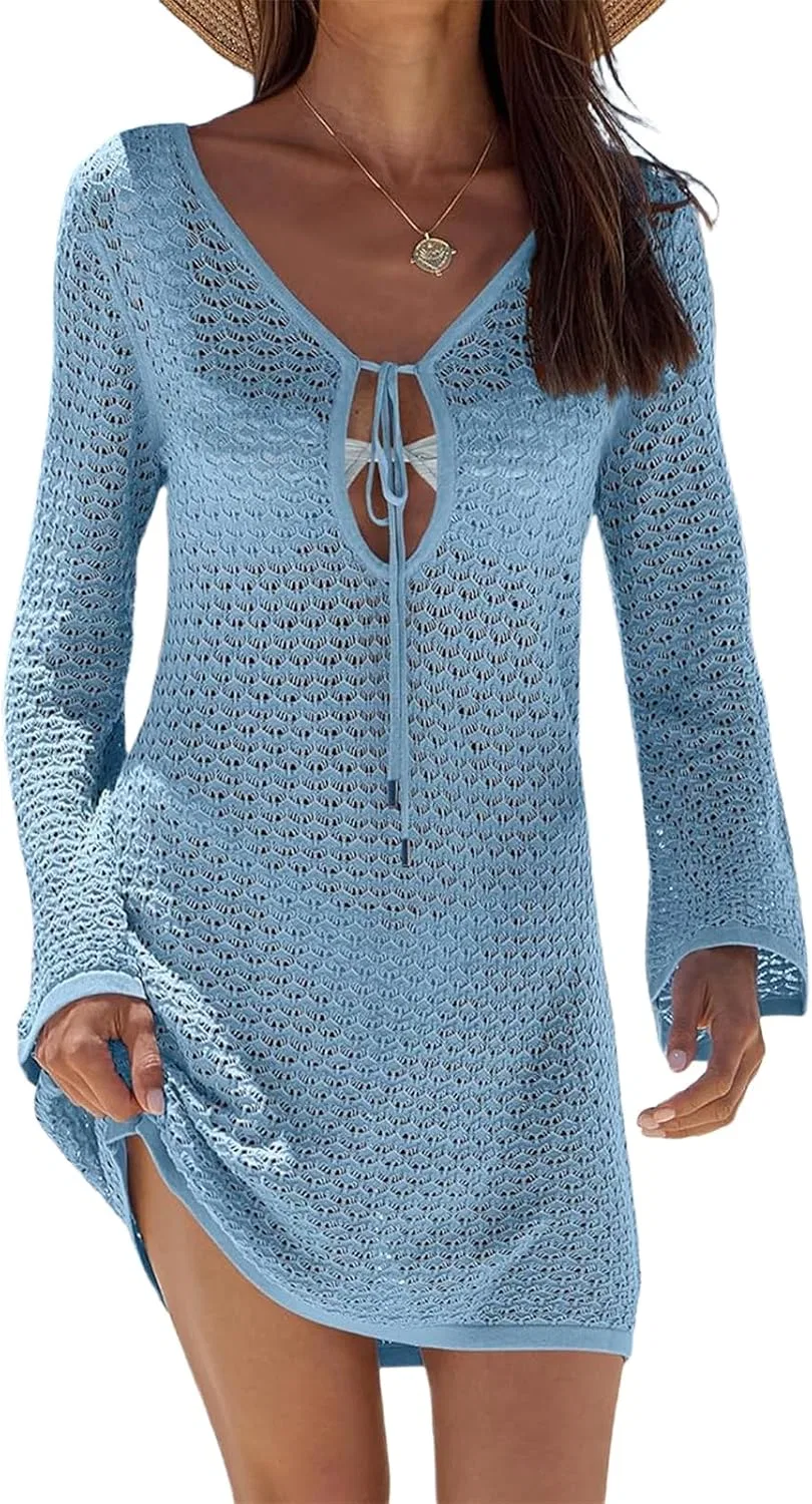 Женское пляжное платье с длинным рукавом, Solid Color Tie-Up Front Hollow-Out, синий