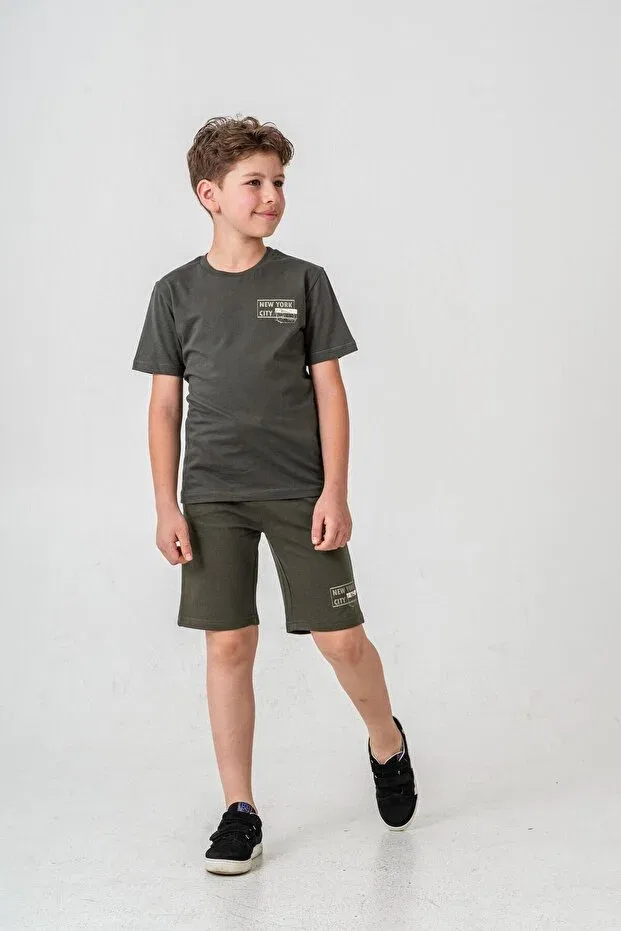 Детский комплект для мальчиков с принтом New York City Printed Boys Shorts - T-shirt Set Mışıl Kids, Khaki — фото 3