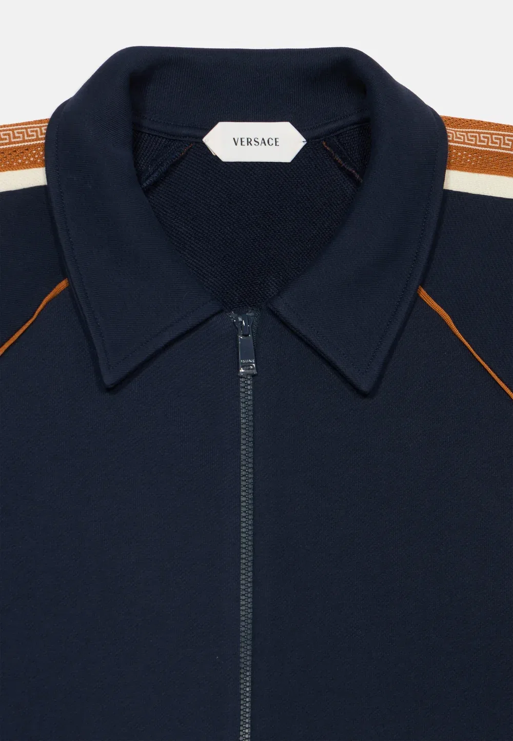 Унисекс толстовка на молнии с контрастной греческой вышивкой по центру Versace, Dark Navy/Cream/Caramel — фото 3