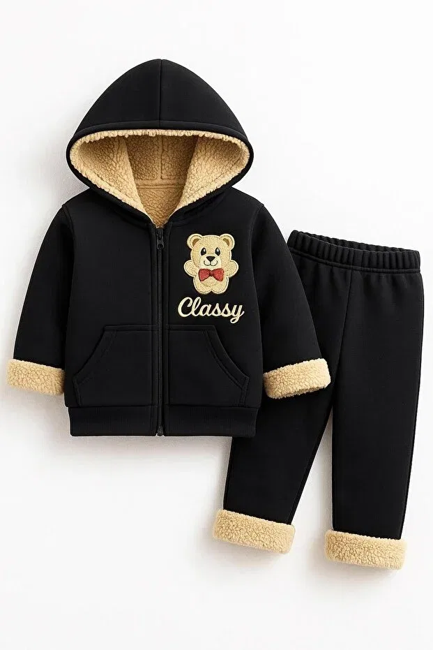 Детский комплект толстовки и спортивных штанов с принтом Teddy Bear Detailed Soft Plush Classy Moda, Black