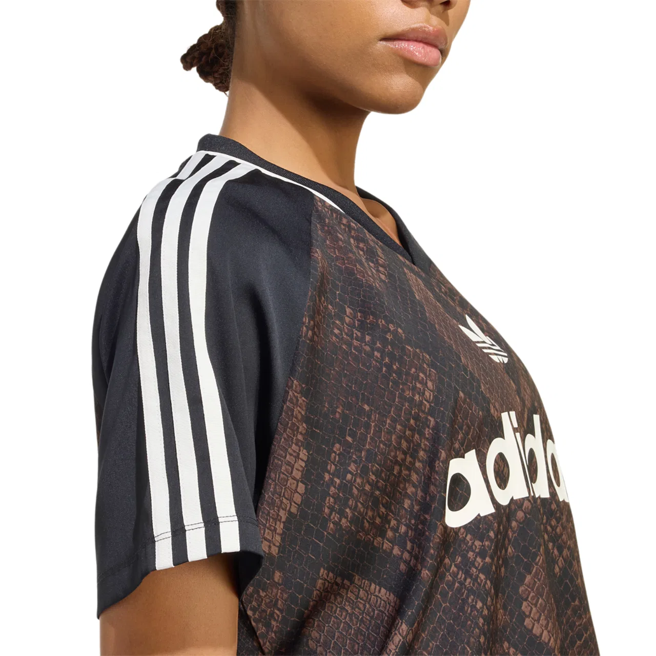 Женская футболка с принтом Snake Print Satin Short Sleeve Jersey, adidas, Aurora Coffee/Earth Strata — фото 4