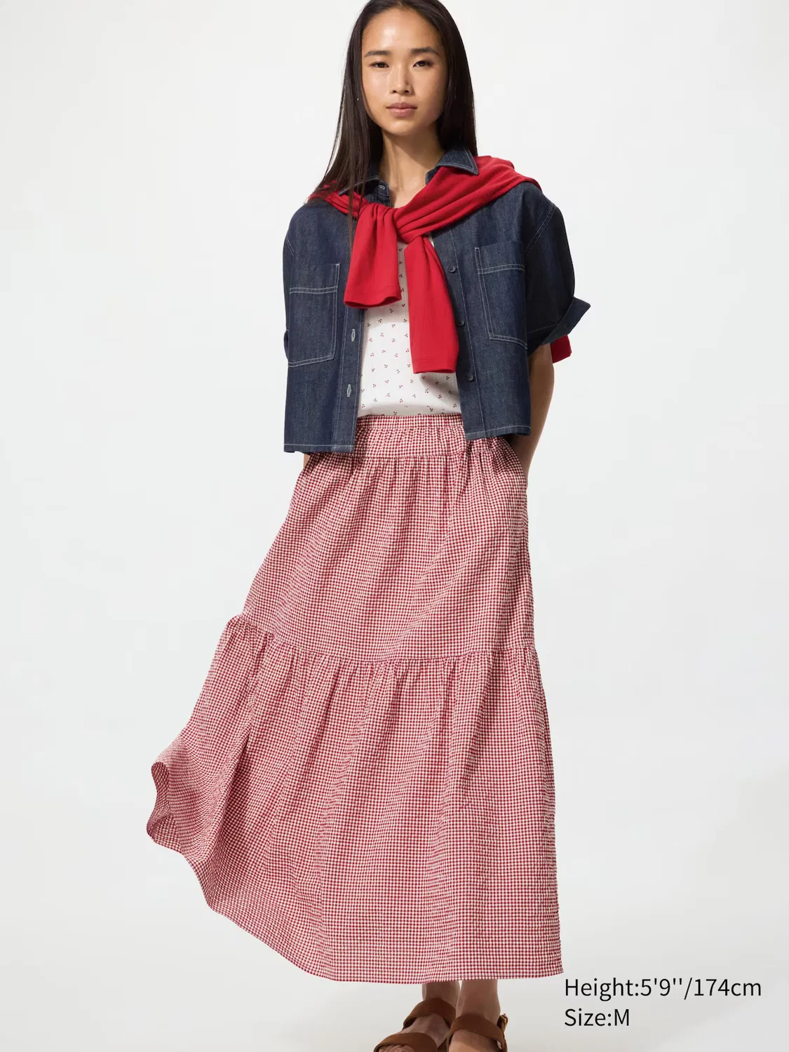 Юбка Uniqlo, многослойная макси, красная/в клетку