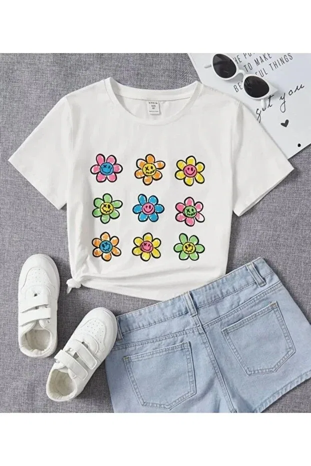 Детская футболка с принтом Colorful Daisy Printed Oversize Crew Neck Cotton Children's T-Shirt Machetta, White