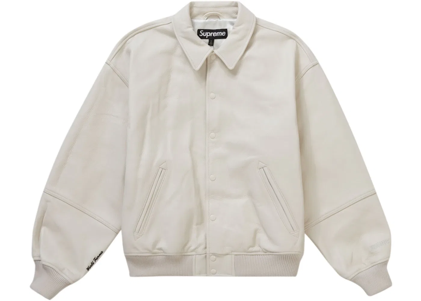 Мужская куртка-бомбер кожаная Supreme GORE-TEX Infinium WINDSTOPPER Leather Varsity Jacket, White