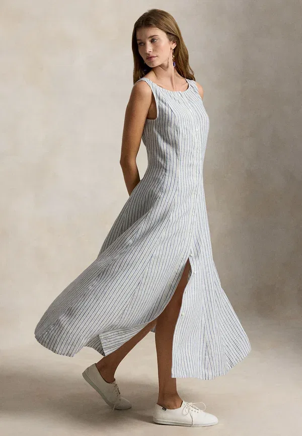 Платье рубашка с полосками Striped paneled linen dress Polo Ralph Lauren, синий — фото 2