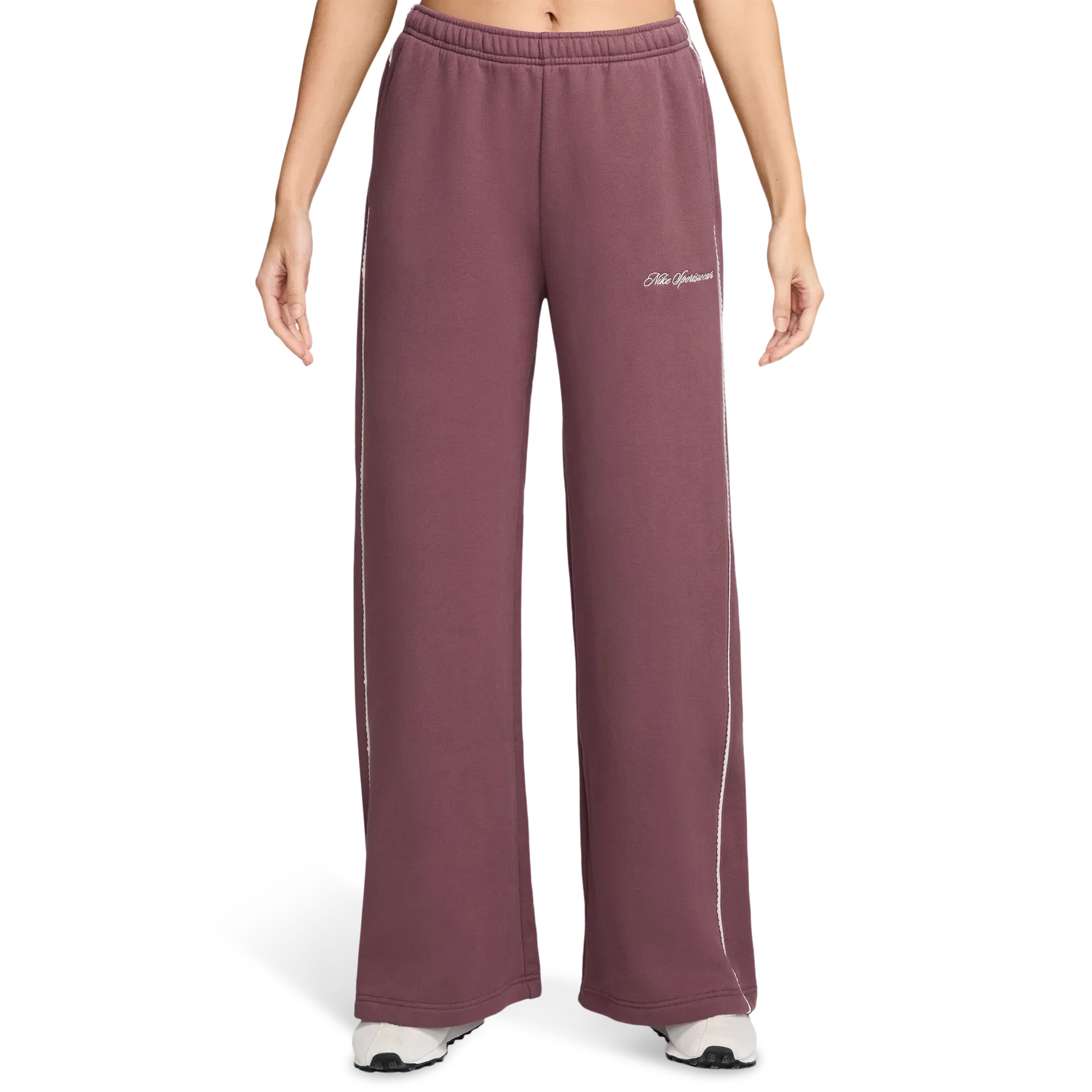 Женские широкие брюки из футера с фигурным низом Nike Studio Fleece Scallop Wide Leg, Pink/White/Pink — фото 4