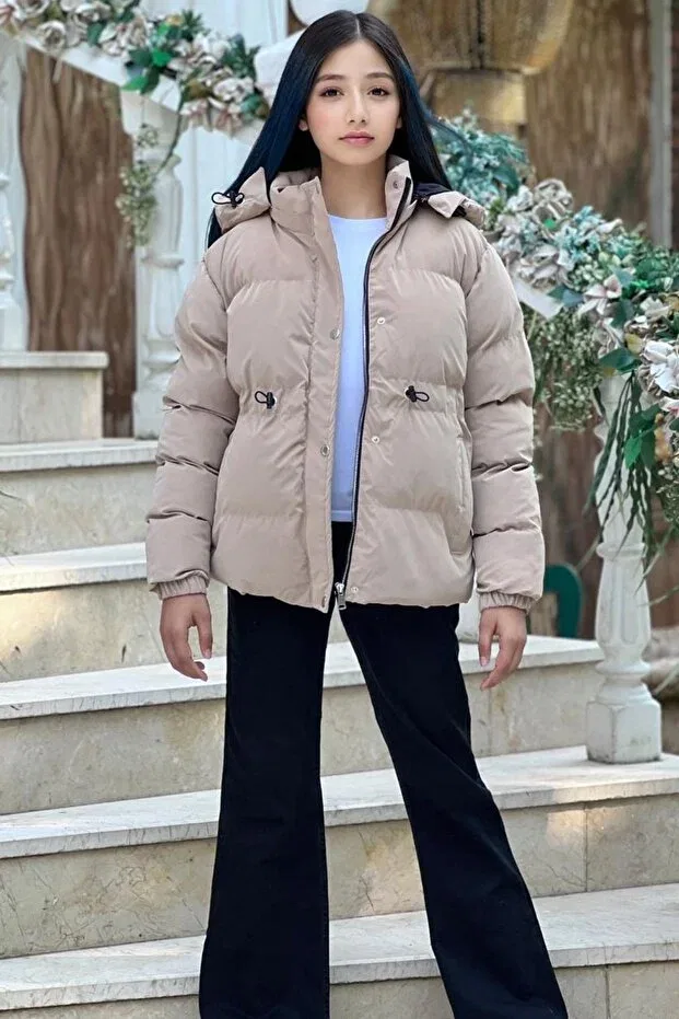 Детское зимнее пальто для девочек без принта на молнии с капюшоном Zaziko Kids, Beige — фото 4