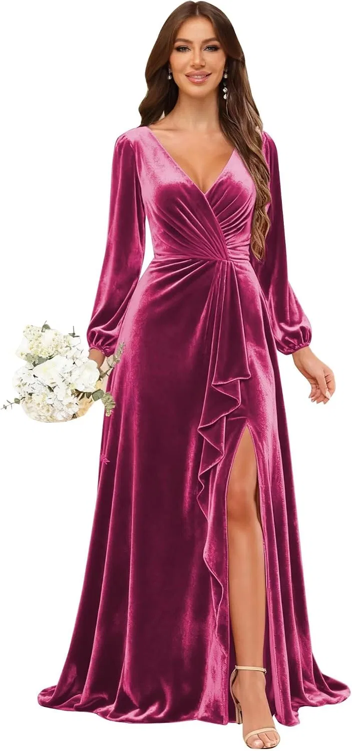 Женское бархатное платье с воланами YH134, Fuchsia