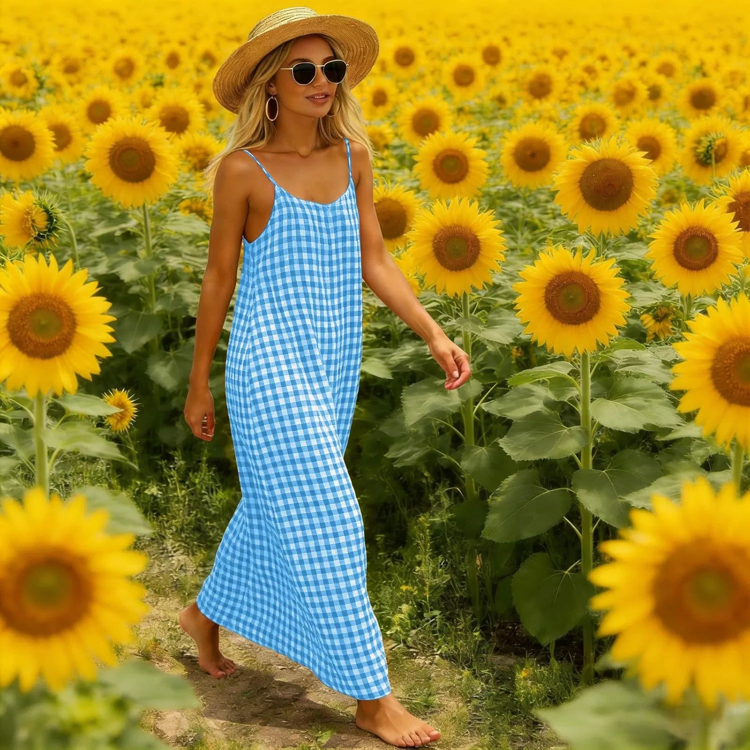 Женское пляжное платье макси на бретелях Cotton Linen, Sky Blue — фото 3