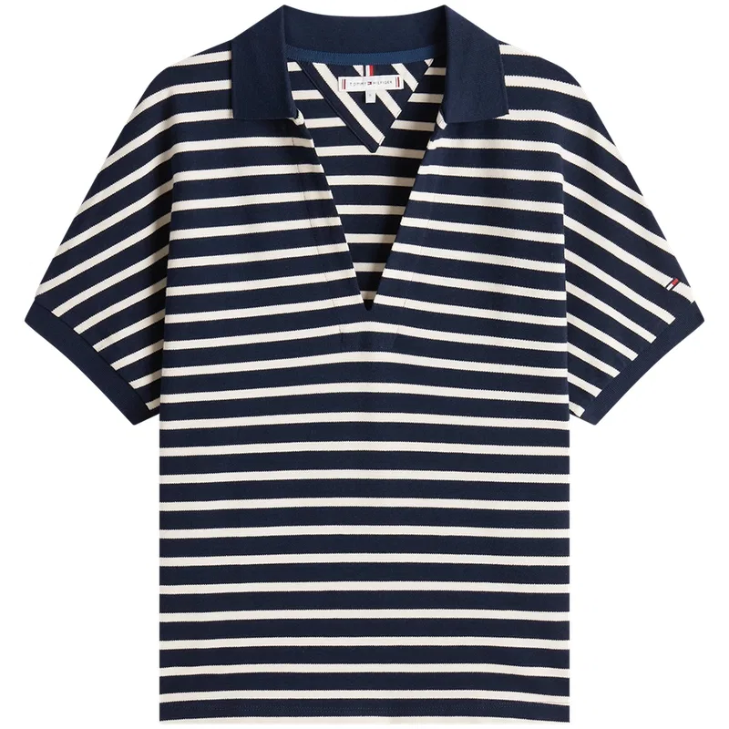 Женская поло с V-образным вырезом и полосками Tommy Hilfiger, Navy Blue White Stripes