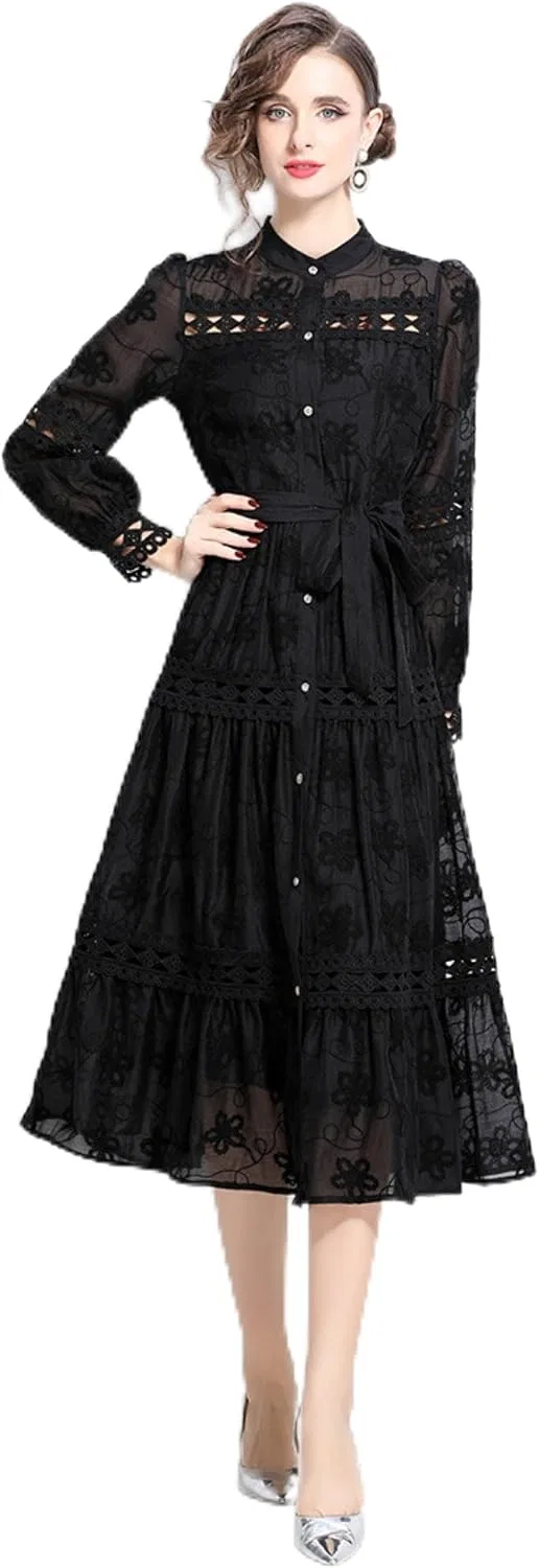 Женское платье миди с кружевной вышивкой Palace Style, Black