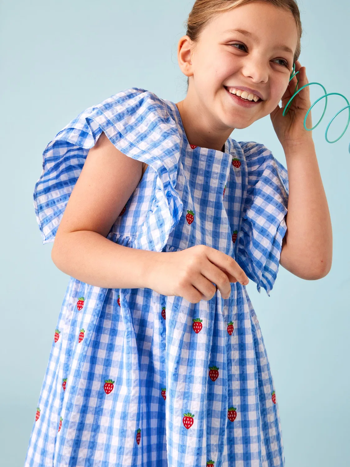 Платье с квадратным вырезом и оборками, Blue Gingham Strawberry Jojo Maman Bébé