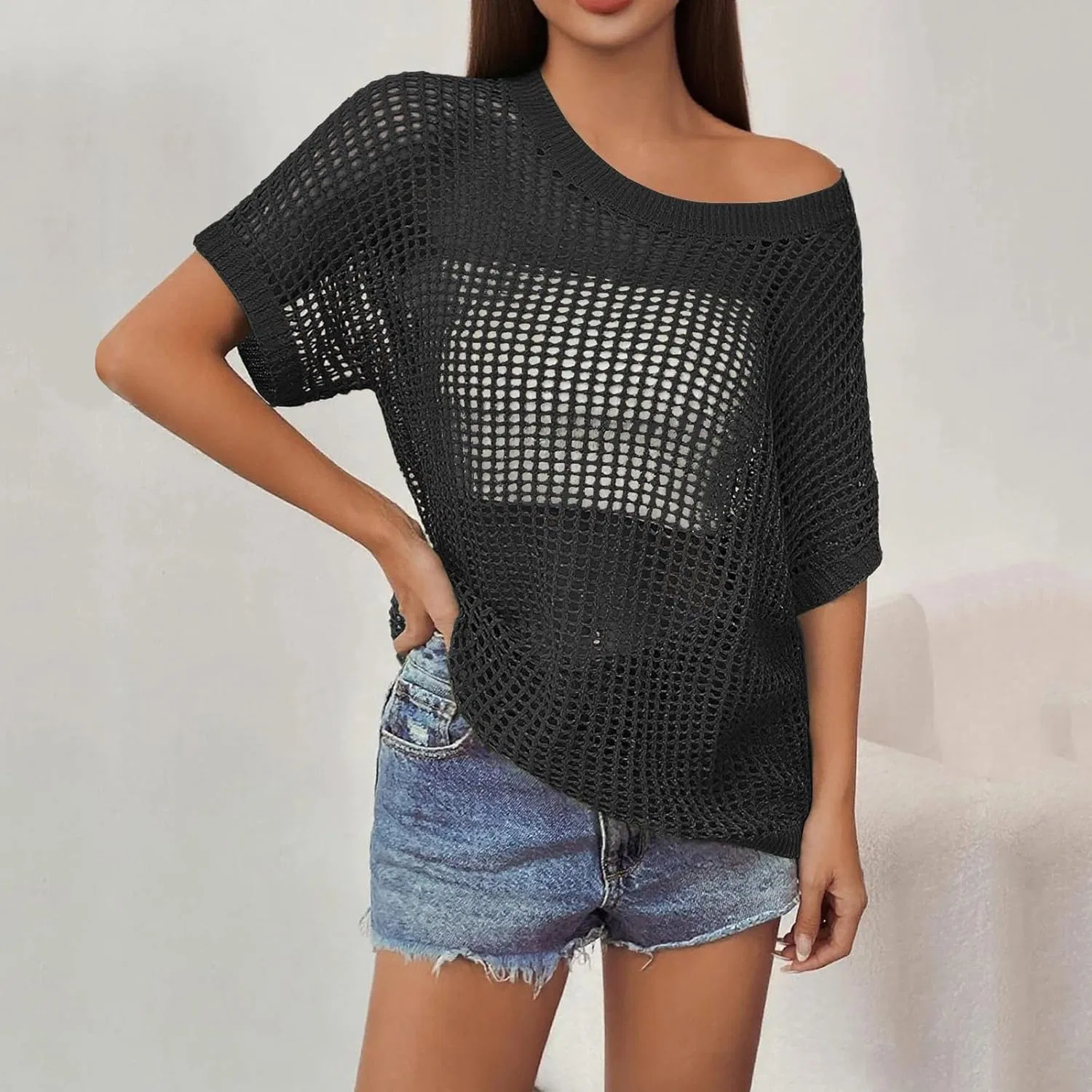 Женская пляжная накидка с вязаным кружевом, свободного кроя, Off Shoulder, Black — фото 3