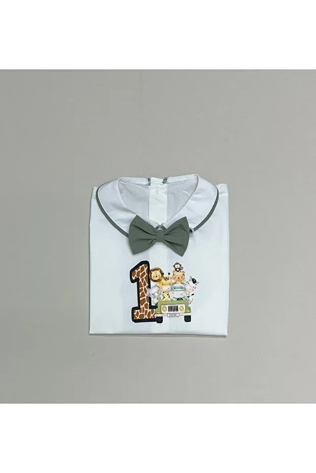 Детская рубашка для мальчиков с коротким рукавом с принтом Mildew Green Safari Concept Ribbed Shirt - Bow Tie Annerüyası, Mold Green White — фото 2