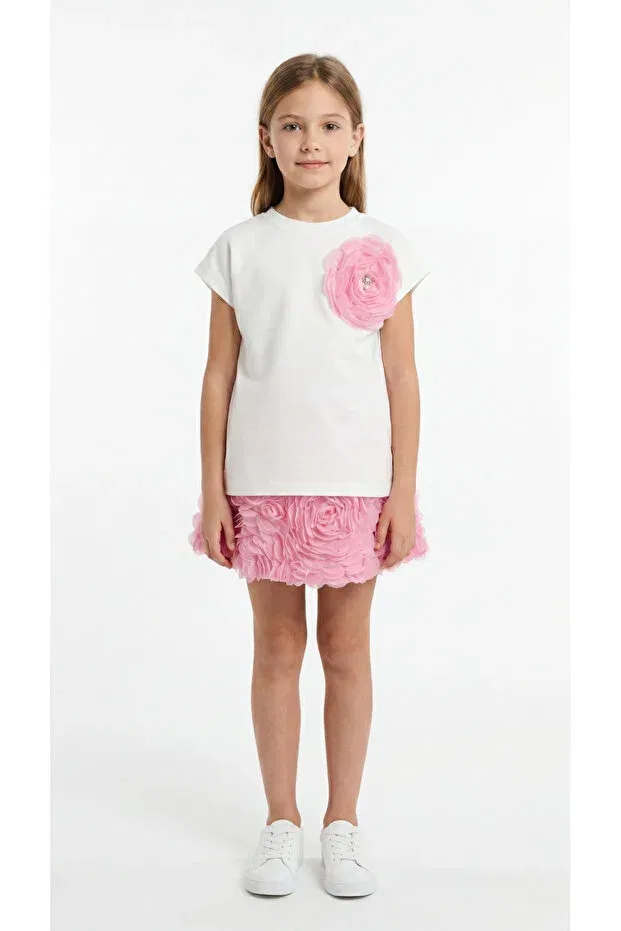 Детский комплект для девочек с принтом Rose girl's t-shirt and skirt set Mışıl Kids, Ecru-Pink