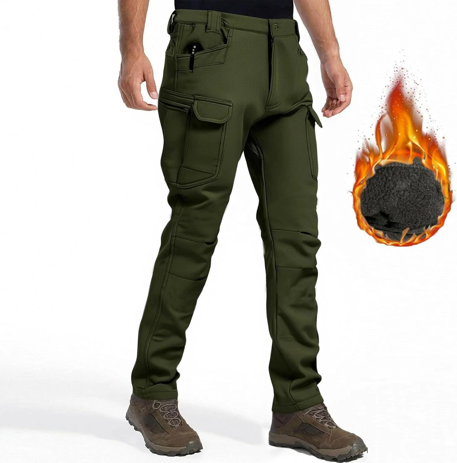 Мужские утепленные тактические штаны-карго с флисом, Multi Pockets, армейский зелёный — фото 2