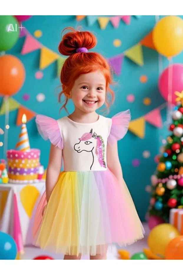 Детское платье для девочек с пайетками Sequin Colorful Unicorn Lunas Tekstil, Multicolor