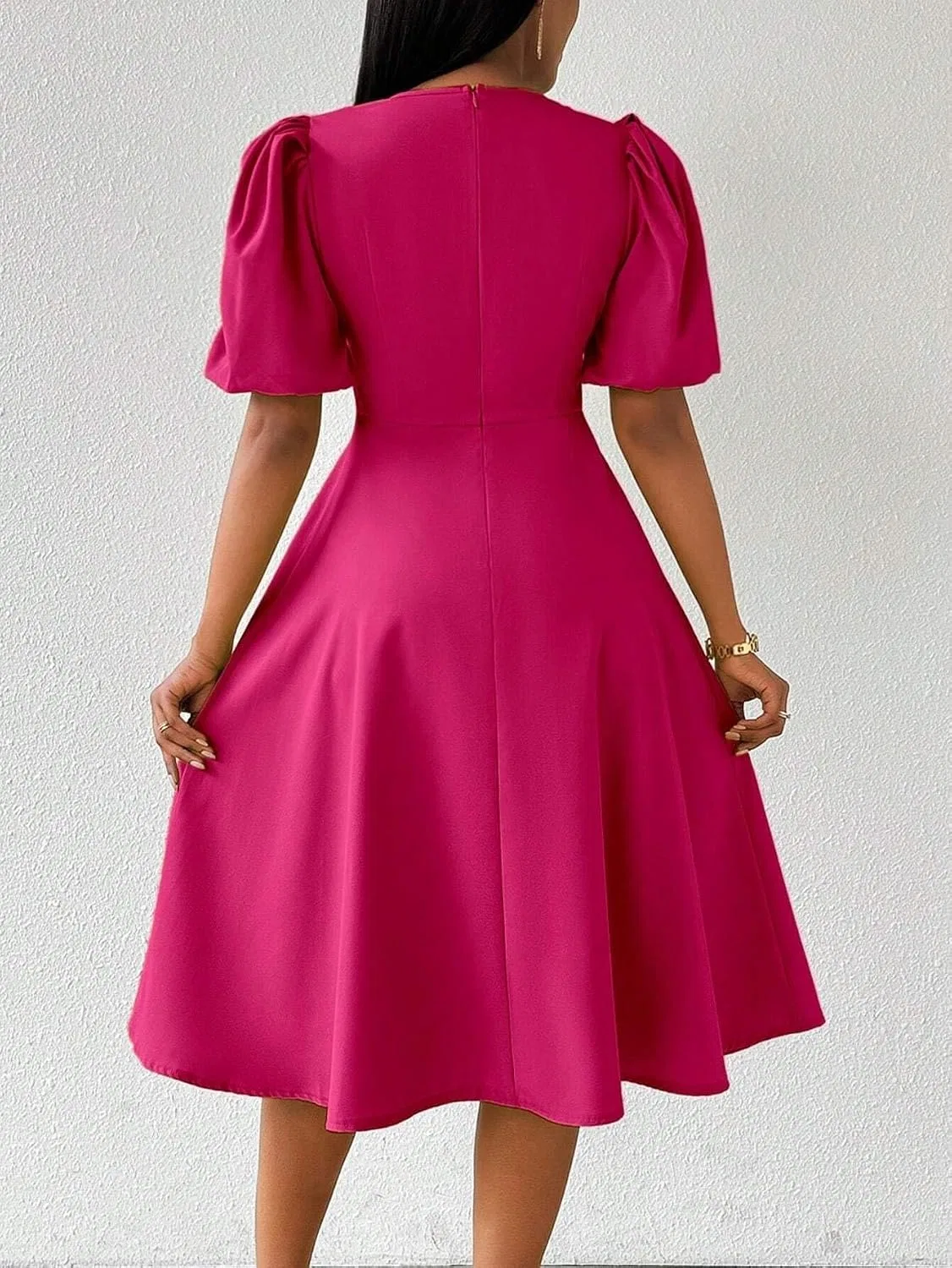 Женское повседневное платье миди A-силуэта с коротким рукавом, Hot Pink — фото 3