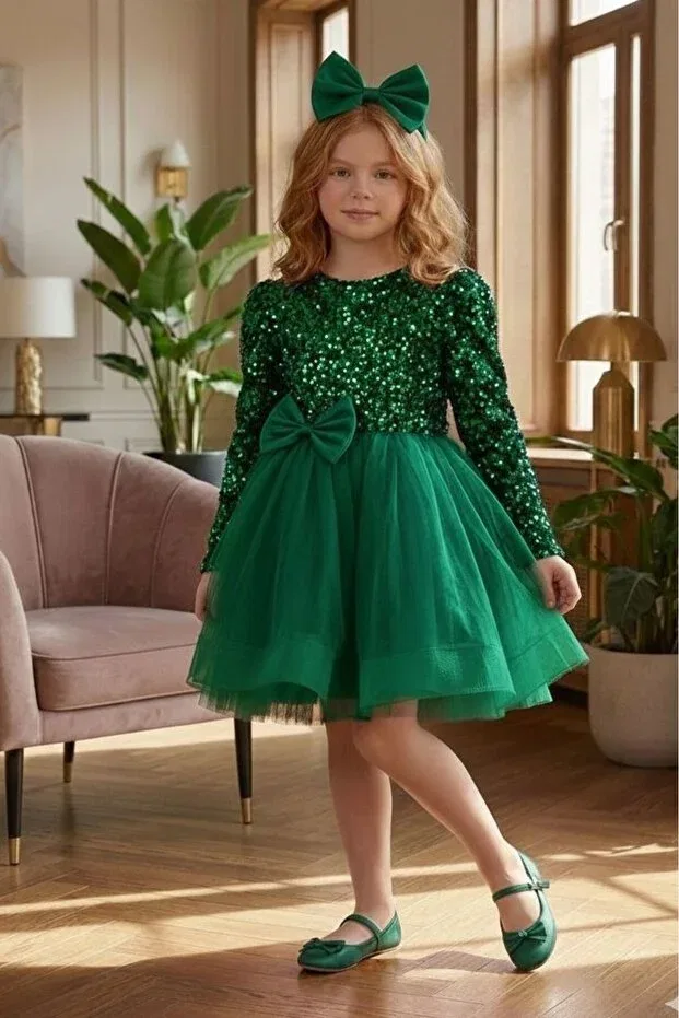 Детское платье для девочек с пайетками Velvet sequined long sleeve puffy children's evening dress Abiyekids, Green — фото 2